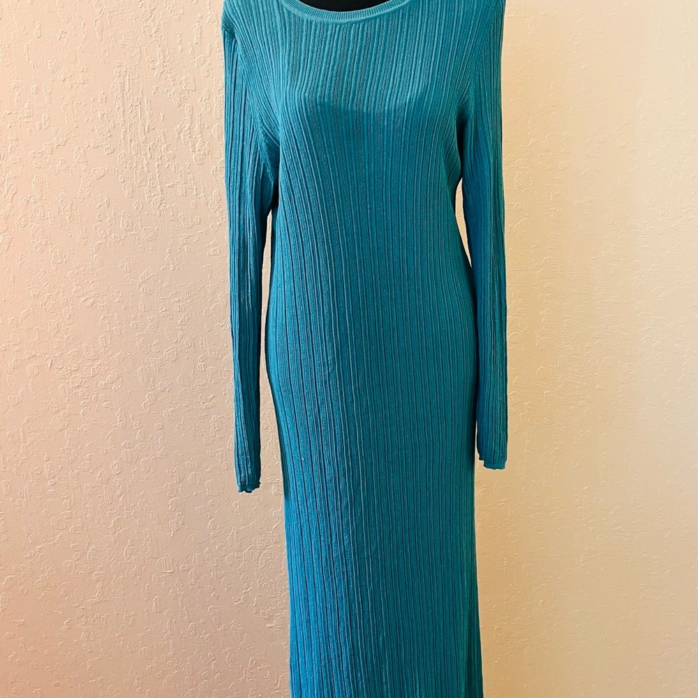 Blue Ribbed Long Sleeve Sheath Dress